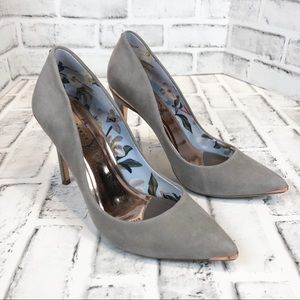 Ted Baker London Gray Suede High Heels with Rose Gold Accents. Size 38.5 / 8 US
